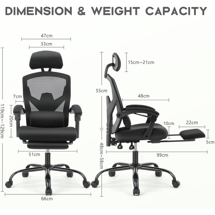 Офісне крісло DUMOS Ergonomisch C-3509 чорного кольору - ергономічне крісло з комфортними підлокітниками, підтримкою попереку та підставкою для ніг, для дому та офісу (26 x 39 x 50.75 inches)