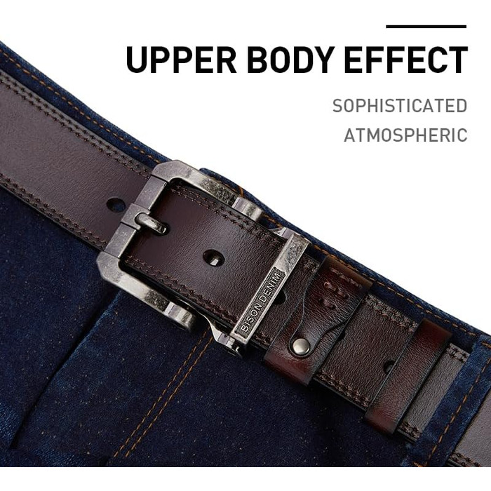 Чоловічий шкіряний ремінь BISON DENIM класичний коричневий, міцна срібляста пряжка, довжина 135 см (для талії 114-120 см)