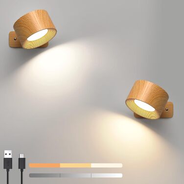 LED настінне освітлення Mexllex 2 шт. з USB-зарядкою, 3 кольори та 3 рівні яскравості, поворот на 360°, сенсорне керування, бездротове, (білий, дерев'яний масив)
