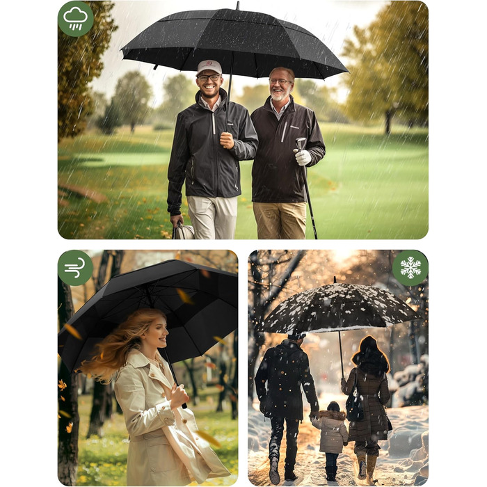 TECKNET Парасолька велика XXL, гольф-парасолька 173 см, штормостійка з подвійною конструкцією, вентильована, з ручкою EVA, для жінок та чоловіків (глибокий чорний, 163 см)