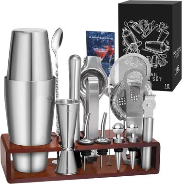 Набір для коктейлів Sosayet, нержавіюча сталь, з аксесуарами та рецептами, 750 мл, для початківців та професіоналів, подарунок для чоловіків (з підставкою)