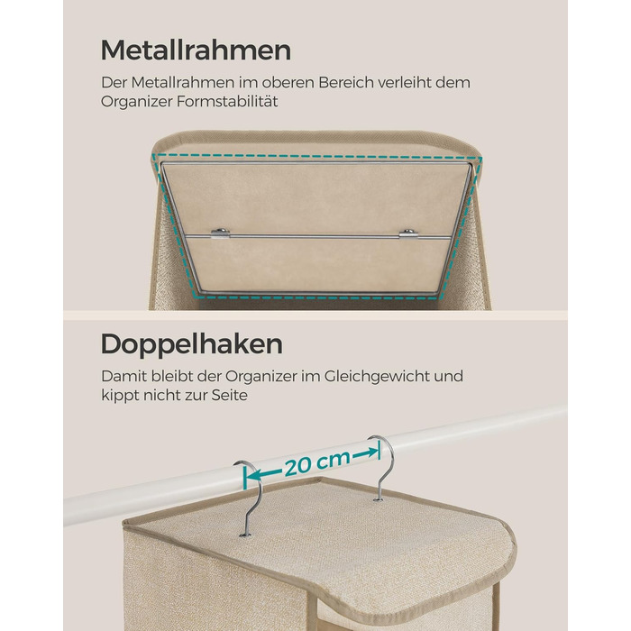 Органайзер для шафи SONGMICS, Hängeorganizer, складний, з металевими гачками та бамбуковими вставками, бежевий, 2 шт.