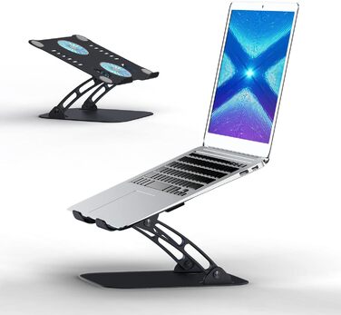 Регульований підставка для ноутбука з RGB вентилятором, алюмінієвий, чорний. Сумісна з MacBook та ноутбуками 10-17'