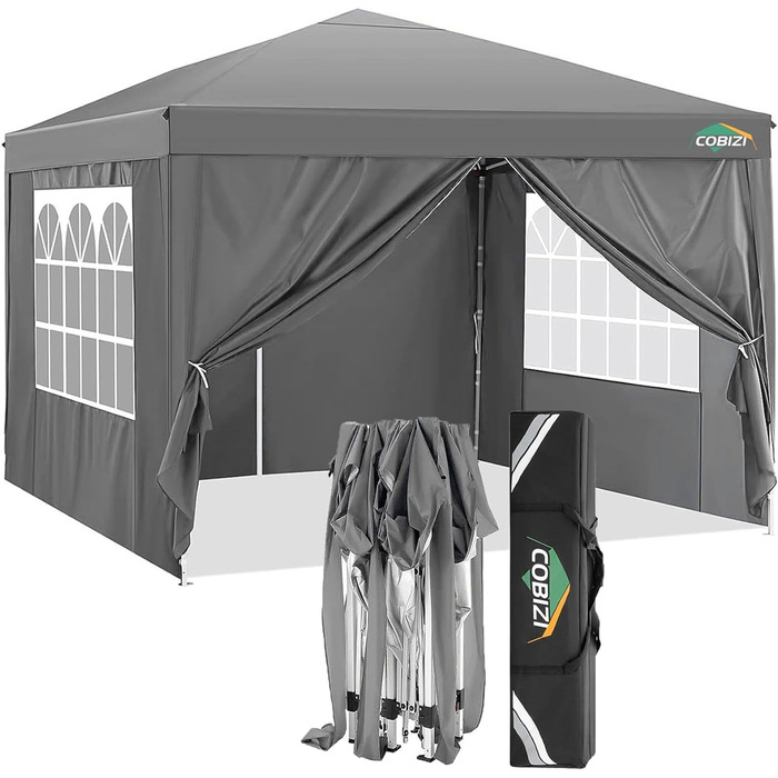 COBIZI Gazebo 3x3 Waterproof Folding Gazebo with 4 Side Walls Outdoor Folding Gazebo Stable UV Protection 50+ Pop-Up Garden Gazebo Party Tent for Outdoors, Garden, Party, Wedding, Market (3x3m Gray)