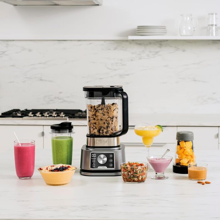 Ninja Foodi Power Nutri Mixer Smoothie Maker 3-in-1, thick spreads & frozen drinks, automatic programs, 2.1L pitcher, 700ml cup & 400ml bowl with Power Paddle, 1200W, Silver CB350EU 3-in-1 Mixer, 1200W
