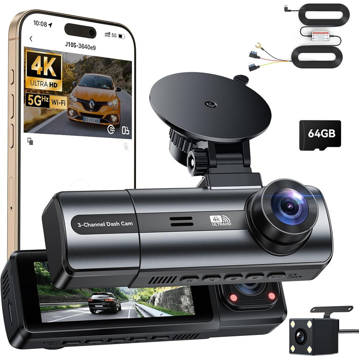 Відеореєстратор 4K Auto Передній та Задній з Хардвайр Кітом, WiFi, Паркувальний Моніторинг, 64GB SD Карта, 3-Канальна Автокамера з Нічним Баченням, 170° Широкий Кут, WDR, G-Сенсор, Циклічна Запис, Керування через APP