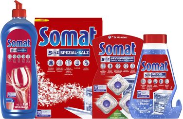 Набір для догляду за посудомийкою SOMAT 5в1: ополіскувач 750 мл, таблетки-очищувачі (3 шт), інтенсивний очищувач 250 мл та спеціальна сіль