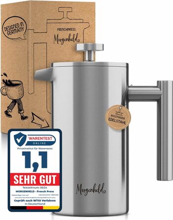 Morning Hero Premium Stainless Steel French Press, large size for 5 cups, 1000 ml, metal coffee press, induction suitable, 1l thermal insulated carafe, barista coffee maker, double-walled, manual coffee pot, 1000ml, 1000ml (5 cups)