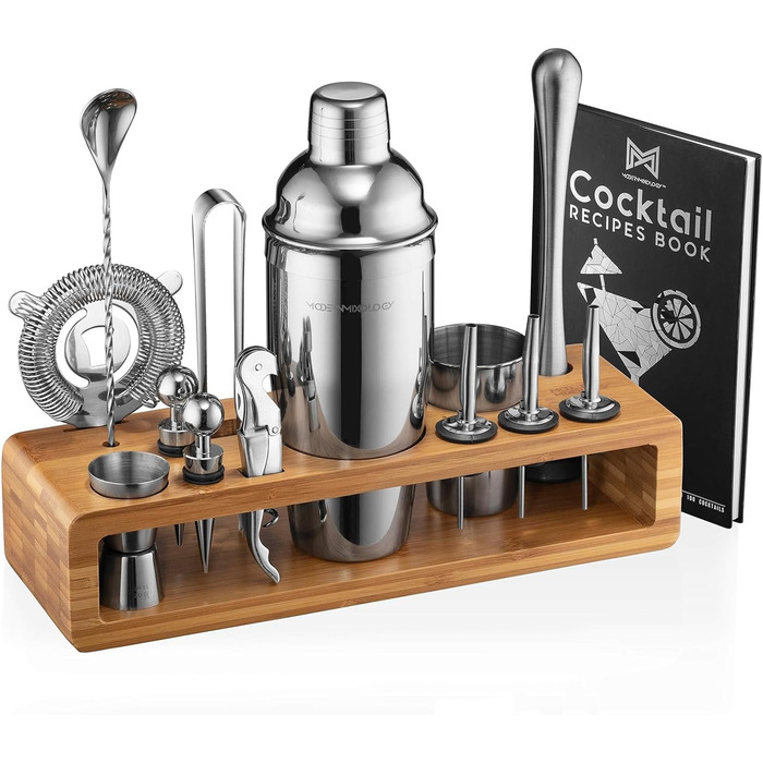 Набір бармена: 23-елементний комплект для приготування коктейлів з бамбуковим підставкою | Ідеальний для дому, барні інструменти, шейкер для Мартіні