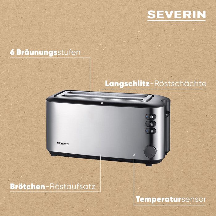 SEVERIN Automatic Long-Slot Toaster, Toaster with Roll Holder, high-quality stainless steel toaster with large toasting chambers and 1400 W power, brushed stainless steel/black, AT 2509