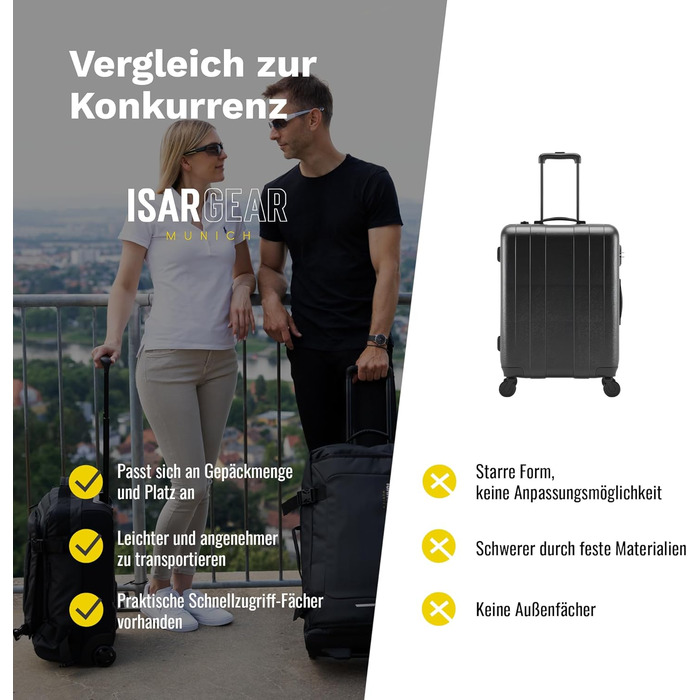 Чемодан ручної поклажі Isar Gear® з 2 колесами (50x35x20 см) - Легкий дорожній чемодан 20 літрів з тканини, ручний ролер, м'який кейс (Softcase) чорного кольору з колесами, висота 50 см