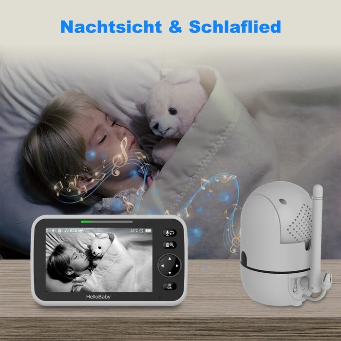 Дитячий відеоняня HelloBaby HB6550 з камерою, акумулятор 3500 mAh, 5-дюймовий екран, поворот 355°/нахил 120°, 2-сторонній аудіо, датчик температури, 8 колискових, нічне бачення