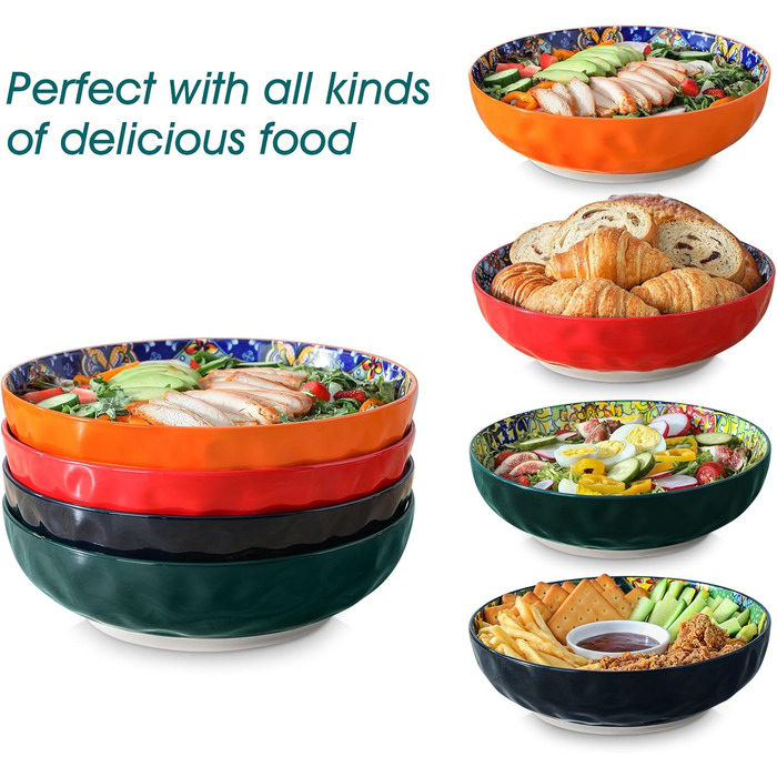 Набір тарілок Vancasso (4 шт) для супу та салату, кераміка, 2340 мл, червоний та помаранчевий, придатні для миття в посудомийній машині та мікрохвильовій печі