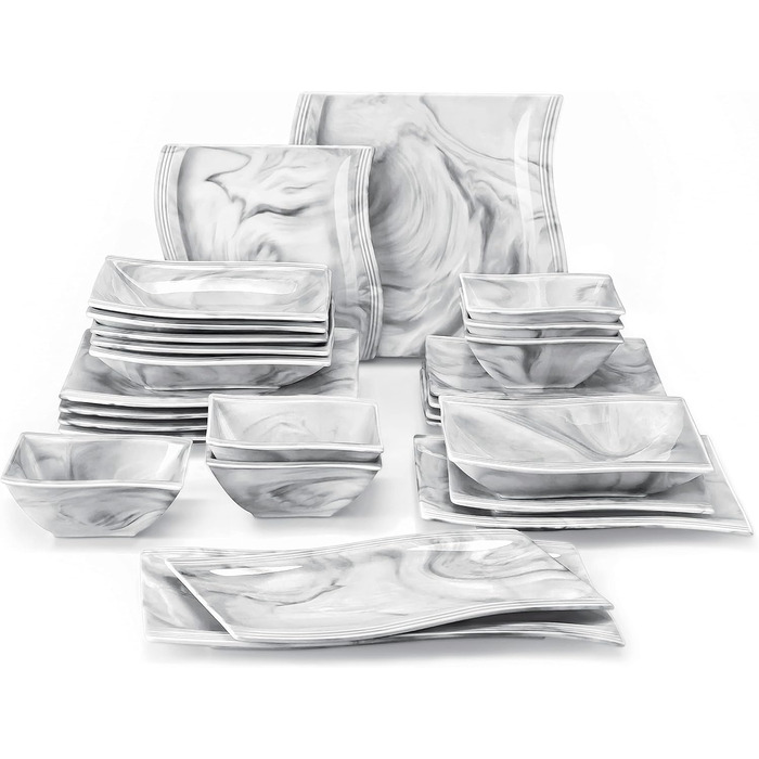 MALACASA Flora Marble Porcelain Dinnerware Set - 30 Piece Service with Coffee Cups, Saucers, Dessert Plates, Soup Plates & Dinner Plates (Gray)