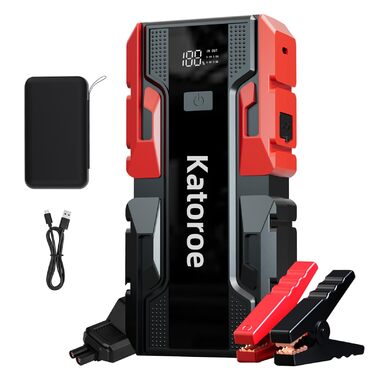 Powerbank для автомобіля з пусковим струмом 60000A, бустер акумулятора для бензинових (до 10л) та дизельних (до 8л) двигунів, ліхтарик 400 люмен, 2x USB, червоні кабелі