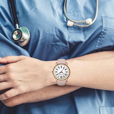 Водонепроникні годинники для медсестер та медичних працівників GOLDEN HOUR, рожеве золото, шампань, силіконовий ремінець, 24 години, секунди