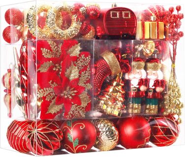 Набір прикрас на ялинку Shareconn 135 шт. – міцні ялинкові кулі з мотузкою, різні розміри та дизайни, декор для ялинки (червоний, зелений, золотий)