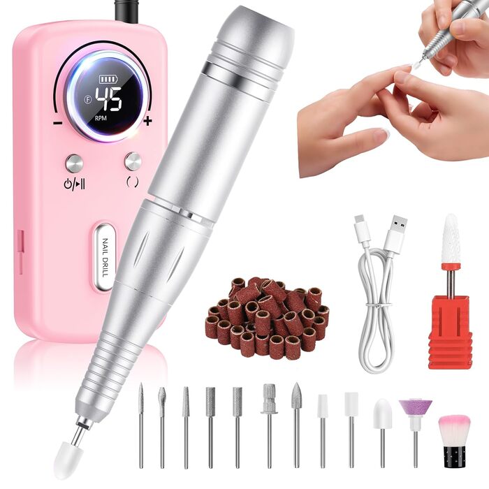 Професійний портативний фрезер для нігтів 45000 об/хв з LCD-дисплеєм (рожевий)