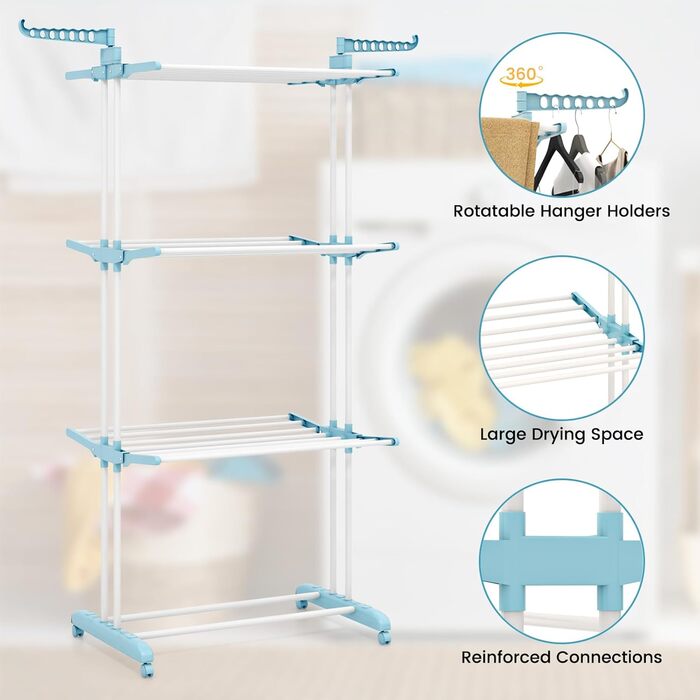 Сушарка для білизни HOMASIS з 4 рівнями, розкладна, на коліщатках, з бічними крилами, 127x63x171cm, 30 кг, світло-блакитна