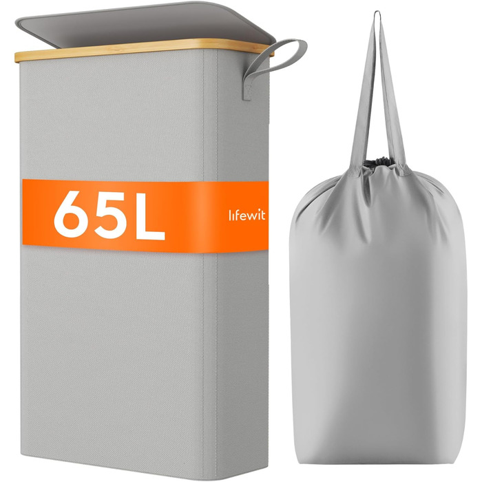 Кошик для білизни Lifewit 65 л, вузький, складаний з кришкою та мішком, бамбуковий, з ручкою, для квартири, гуртожитку та кемпера, сріблясто-сірий