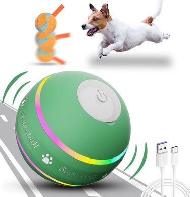Interactive Dog Ball Toy, Durable Automatic Rolling Ball for Puppies/Small/Medium Dogs, USB Rechargeable (Green)