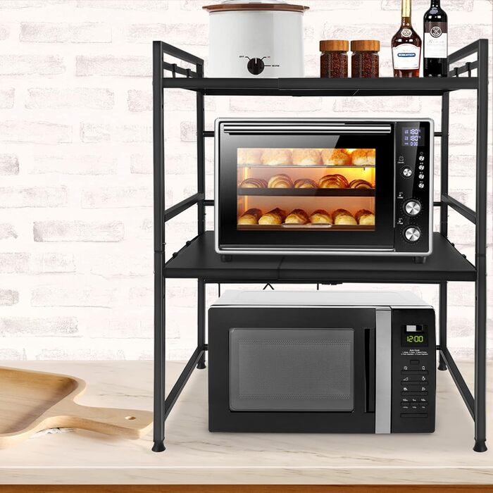 Expandable Microwave Shelf with 8 Hooks, 3-Tier Microwave Stand Freestanding Shelf Microwave Holder Baker's Rack Organizer for Kitchen Countertops, Black