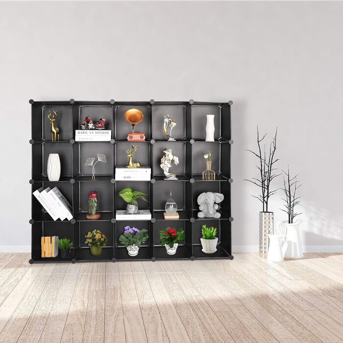 TUMUCUTE Storage Cube Shelf with 9 Cubes, Plastic, Cabinet, Modular, Bookshelf, Storage Shelves for Bedroom, Living Room, Office, (Black Plastic, 20 Cubes)