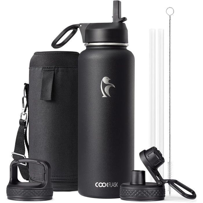 Термофляга Coolflask 1180 мл з трубою та 3 кришками, вакуумна металева пляшка для води для спорту та офісу, чорна