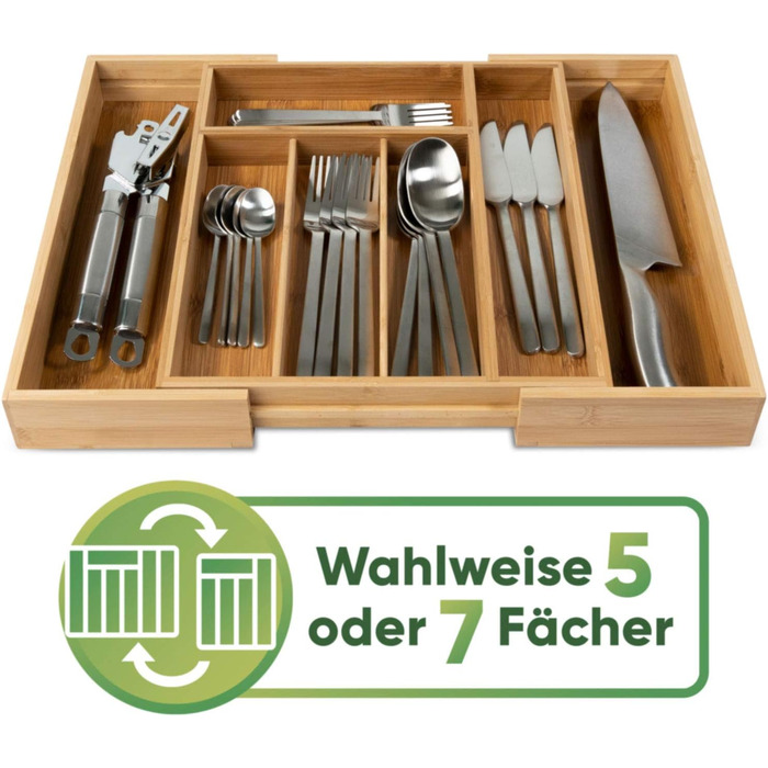 Loco Bird Cutlery Box for Drawers made of Bamboo – Extendable up to 7 Compartments - Cutlery Insert for Kitchens & RVs - Drawer Insert for Kitchen Drawers - Cutlery Box made of Wood