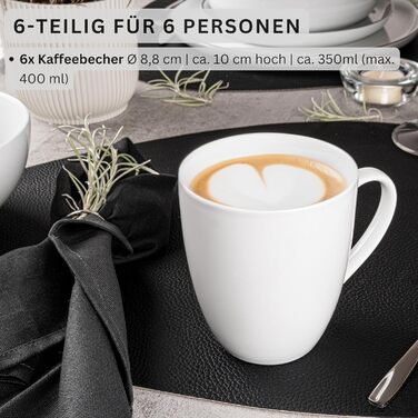 Singer | Marlo 6-Piece Coffee Mug Set, Porcelain Coffee Cups for 6 People, Dishwasher-Safe Coffee Cups & Mugs Set for Coffee & Tea, 350 ml | PREMIUM COLLECTION