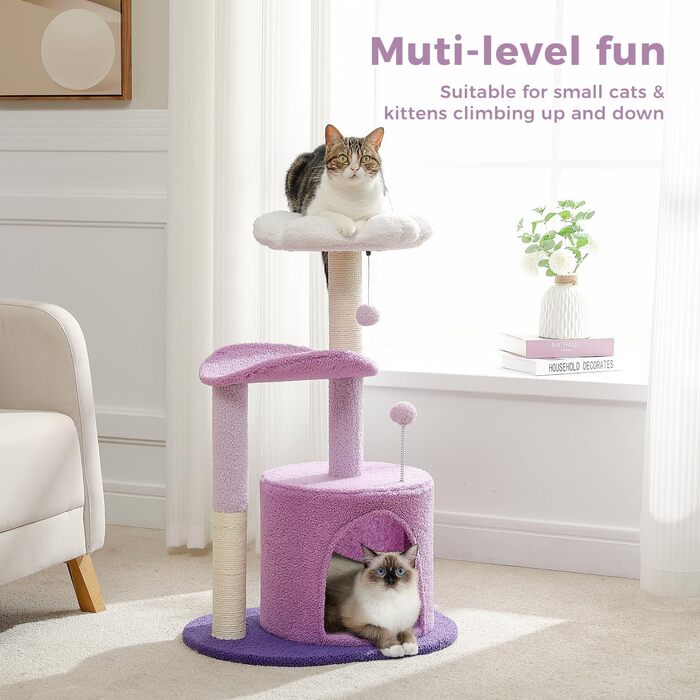 PETEPELA Cactus Scratching Post Small 84cm Modern Cat Tree Detachable Top Bed, Plush Cave, 2 Sisal Pillars, 2 Play Balls, Green (Purple)