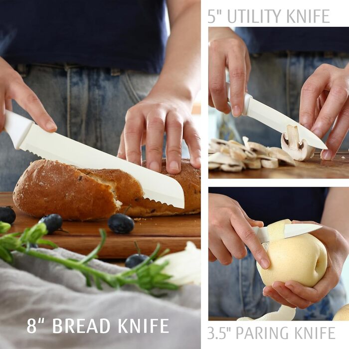 Набір ножів Hecef 14 предметів з бруском, кремового кольору, з антипригарним покриттям. Самозаточувальний ніжний блок, ергономічні ручки, компактний набір ножів для будь-якої кухні, безпечний для миття в посудомийній машині.