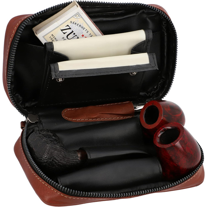 Gusti Pipe Pouch Leather - Diego Men's and Women's Pipe Pouch for 3 Pipes, Extra Tobacco Compartment, Interior Made of Natural Rubber, Pipe Bag Brown Leather