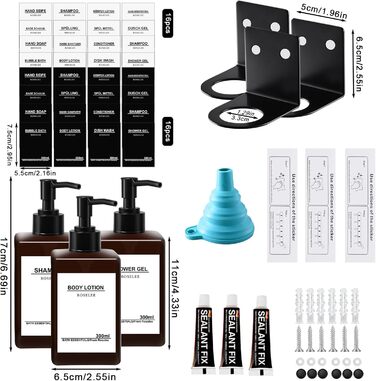 Набір з 3 дозатори мила Roselee для кріплення на стіну, 500 мл, без свердління, для душу, шампуню, гелю для ванни, з етикеткою, для ванної кімнати, кухні (Колір: Коричневий)