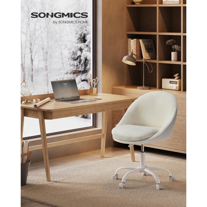 Крісло SONGMICS для офісу та дому, крісло для макіяжу з Sherpa, регульоване по висоті, з м'якою оббивкою з піни, для робочого кабінету або спальні, колір капучино-білий, матеріал Sherpa + PU, OBG020W01
