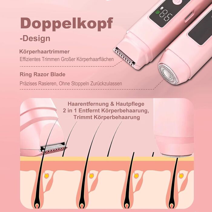 Електричний жіночий епілятор 2-в-1 Intimrasierer з LED-дисплеєм та IPX7 водонепроникністю, рожевий