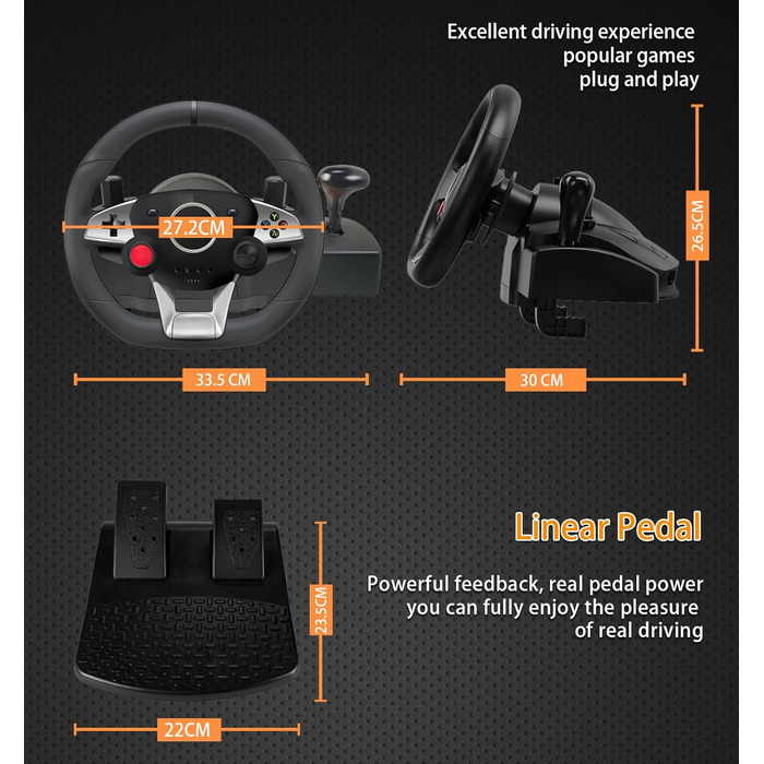 Руль для гонок VooFun з педалями, сумісний з PC, PS4, Switch, PS3, Xbox One/Xbox 360, 270°, програмовані кнопки, вібрація, чорний