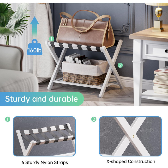 SMIBUY Luggage Rack, Folding Bamboo Suitcase Stand with Storage Shelves for Guest Room, Bedroom, Hotel, Heavy Duty (White)