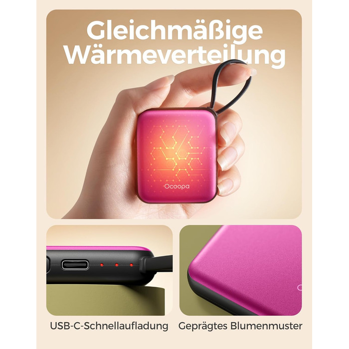 Електричні грілки для рук Ocoopa 2 шт. з акумулятором 4000mAh, USB, 3 режими нагріву, до 52°C, подарунок на Новий Рік, для зими, катання на лижах, подорожей та активного відпочинку, UT5 Nano Wiesengeflüster (Ocoopa x Künstleredition) (Рожевий)