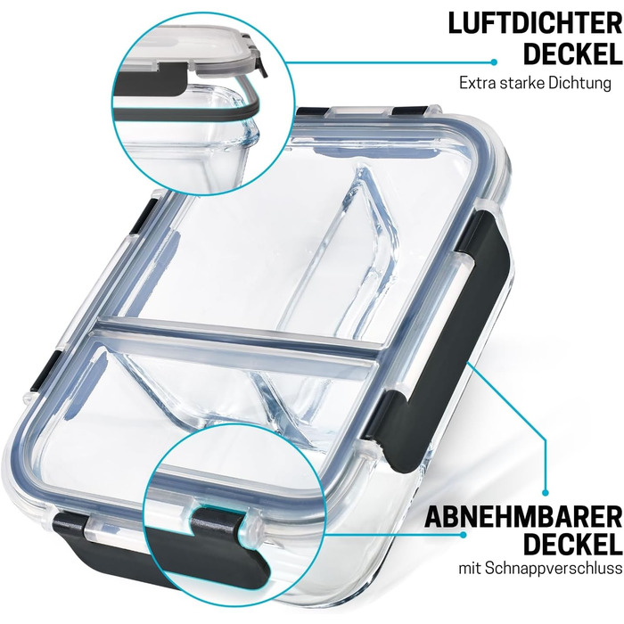 Набір контейнерів для їжі Igluu Meal Prep (3 шт.) – 980 мл, з 3 відділеннями, з боросилікатного скла, BPA-free, підходить для мікрохвильовки, духовки, морозильної камери та мийки посуду, витікання неможливе