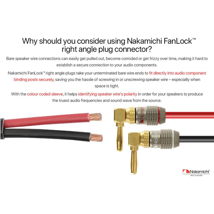 Бананові конектори Nakamichi FanLock Excel-Serie, позолочені правокутні роз'єми для акустичних кабелів Hi-Fi та домашнього кінотеатру, 10-18 AWG, 4 мм, 4 шт (2 пари)