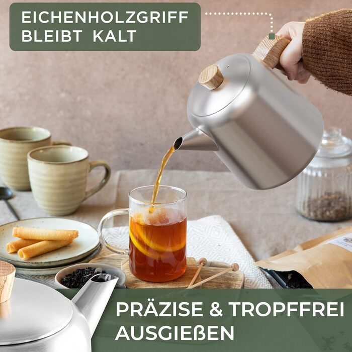WALDWERK Teapot with Infuser - Teapot Thermal Double-Walled - Teapot with Strainer Made of 304 Stainless Steel - Tea Maker with Real Oak Wood Handles - Tea Pot 100% Drip-Free (Teapot with Lid)