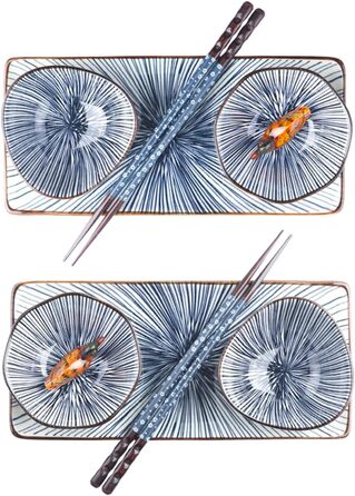 Набір керамічного посуду Artcome 10 шт. у японському стилі: 2 тарілки для суші, 2 соусники, 2 тарілки для закусок, 2 пари паличок для їжі, 2 підставки для паличок. Колір: блакитний.