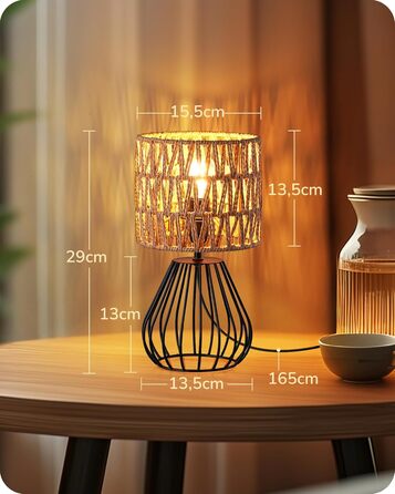 EDISHINE Настільна лампа, сучасний індустріальний дизайн, цоколь E14, вінтажний стиль, для спальні, вітальні, бежево-чорний колір (ротанг + чорний)