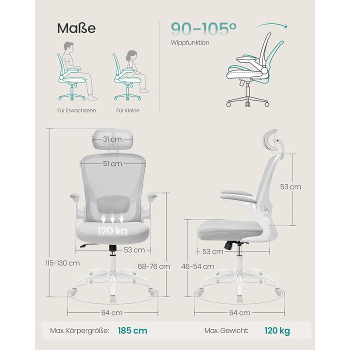 Офісне крісло SONGMICS з ергономічною спинкою з сітки, підпору для попереку та підголівником, функцією гойдання, регульованими підлокітниками, для офісу, спальні, студентів, OBN37BK (Тауновий сірий)