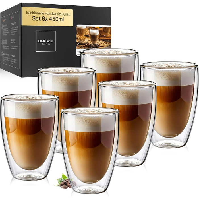 Склянки для лате макіато з подвійними стінками [4x ЕКСТРА великі] | 450 мл | Набір 6 | Склянки для капучино, кави, чаю | Vienna