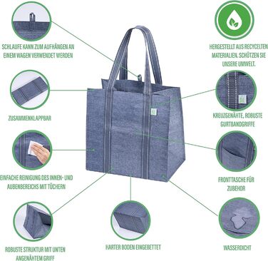 VENO 34 Liter Large Shopping Bag Foldable with Sturdy Bottom and Front Pocket, Reusable Shopping Bags Water-Resistant Tote Bag Shopping Basket for Shopping, Picnic (Gray, 4-Pack)