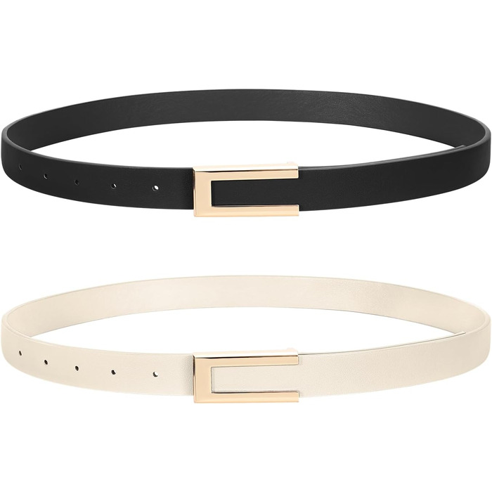 Жіночий тонкий шкіряний ремінь SUOSDEY з золотистою пряжкою (2 шт.), чорний+бежевий, 100 см, розмір талії 70-84 см