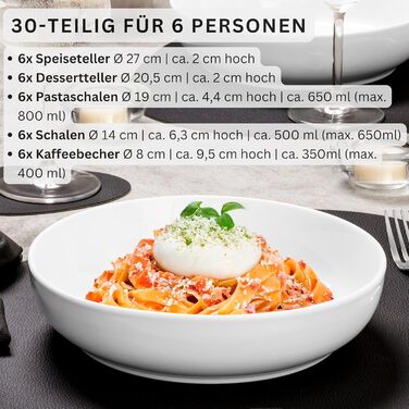 Набір посуду SÄNGER Marlo, 30 предметів для 6 осіб: тарілки, миски, чашки з порцеляни | PREMIUM COLLECTION