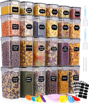 Набір контейнерів для зберігання Heucheey 24 шт. з кришкою, набір для кухні з пластику, з наклейками, пензлем та ложкою, контейнери для зберігання круп, борошна, макаронів, BPA-free